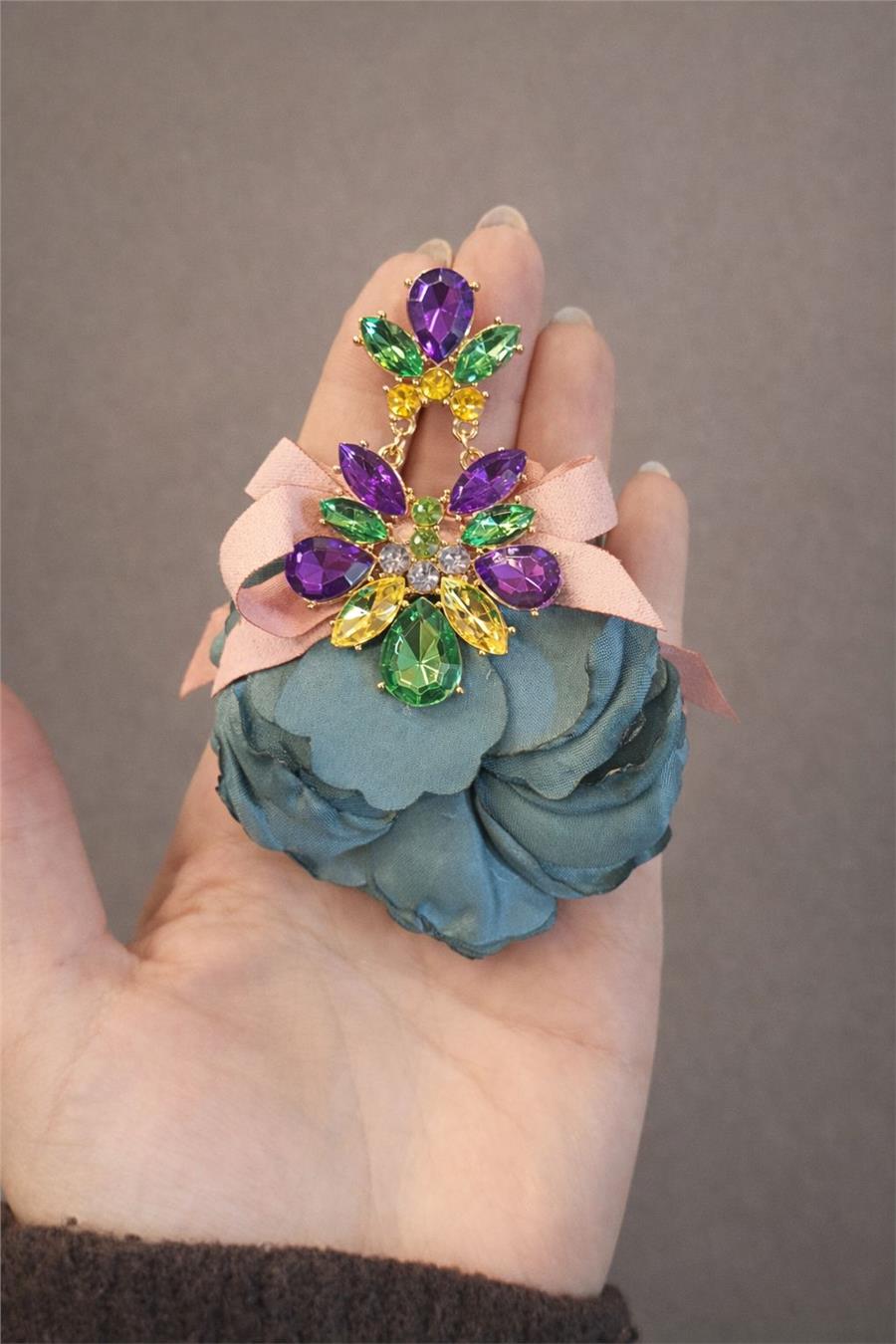 Yvonne Yeşil Kumaş Çiçekli ve Renkli Taşlı XL Küpe